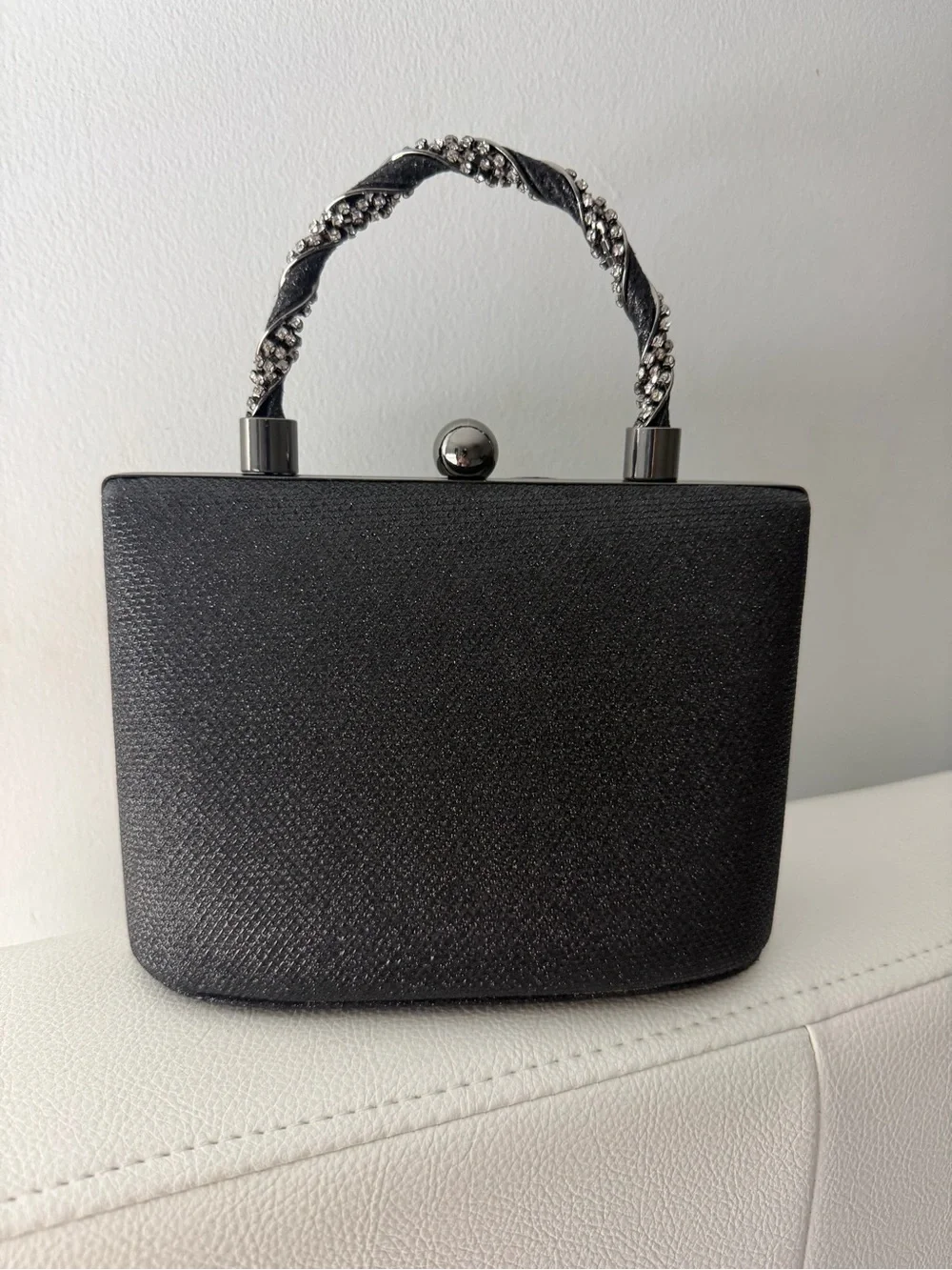 D’Margaux Black Top Handle Evening Bag with Twisted Crystal-Accent Handle